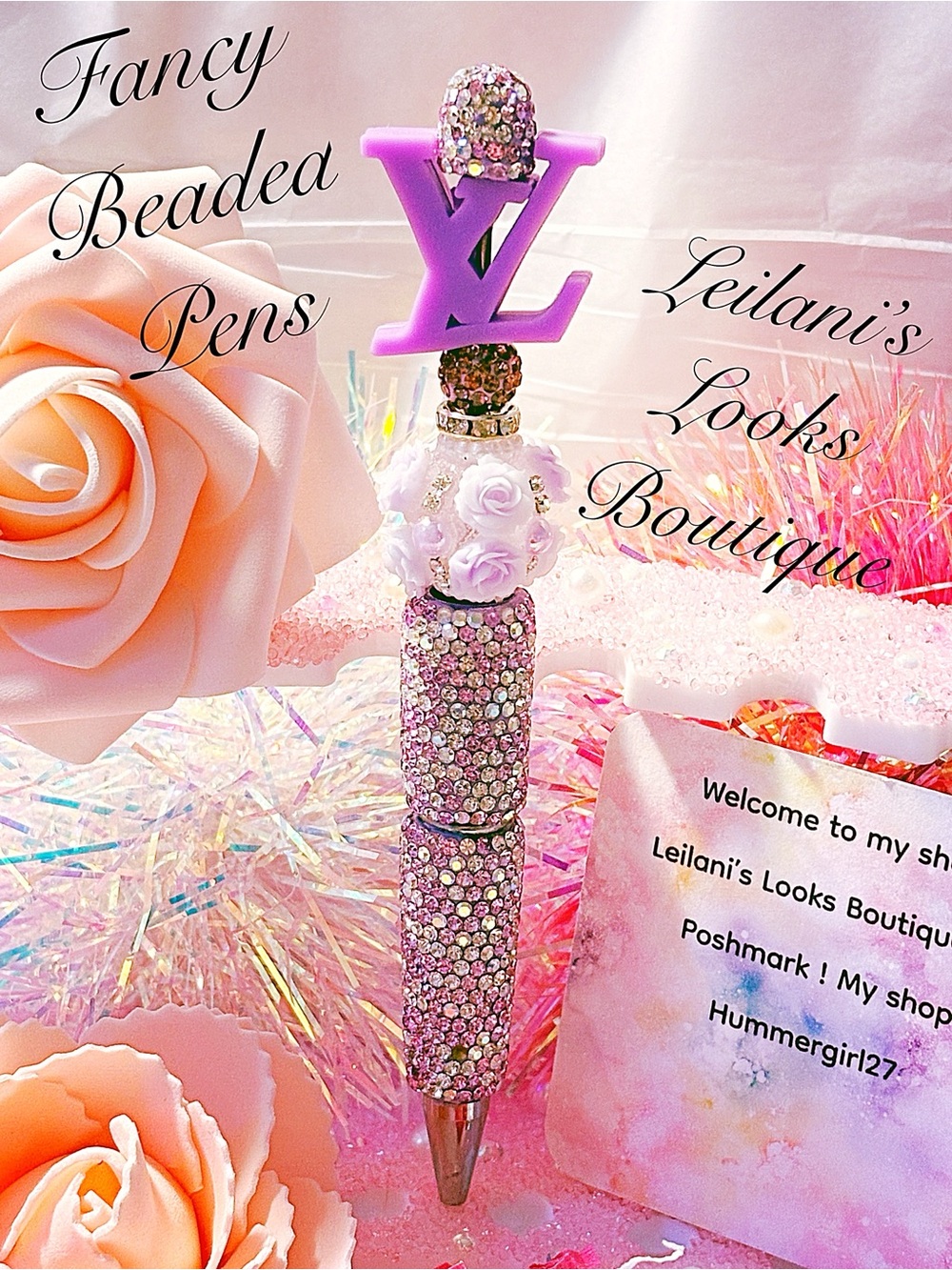 Fancy beaded Pen/gifts/purple logo/purple flowers/